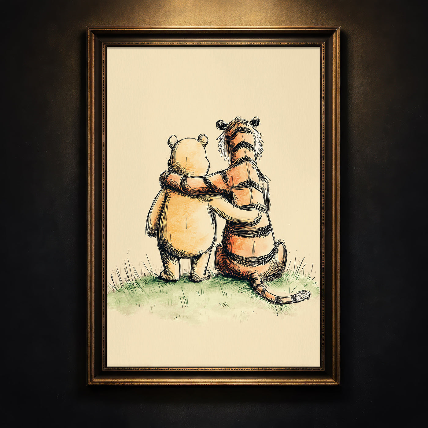 Vintage style pencil and watercolor sketch of a classic chubby bear and a striped tiger sitting together from behind with their arms around each other, looking out into the distance, created by Artazyn.