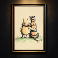 Vintage style pencil and watercolor sketch of a classic chubby bear and a striped tiger sitting together from behind with their arms around each other, looking out into the distance, created by Artazyn.