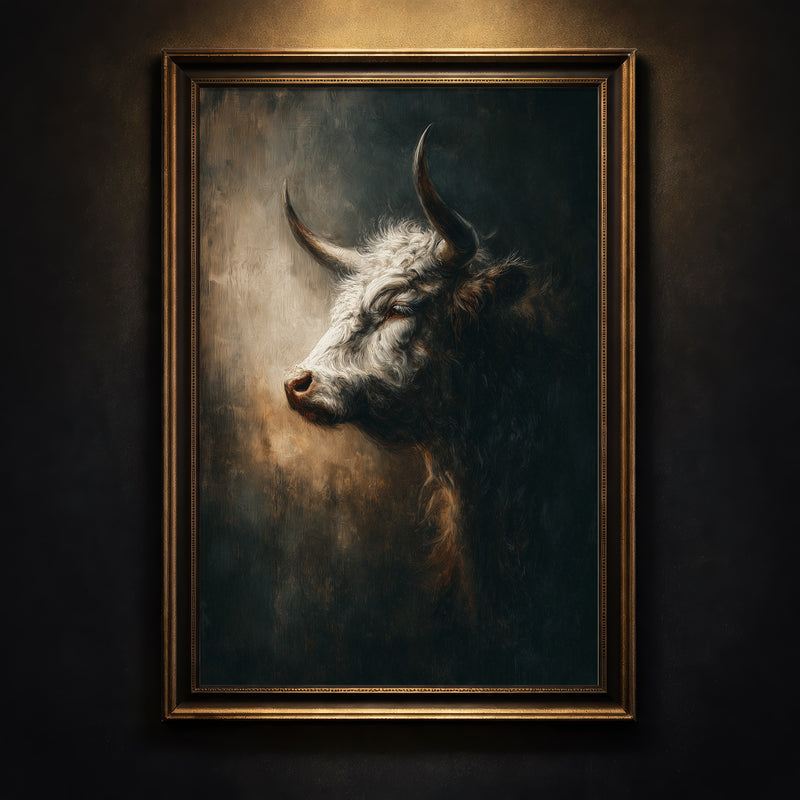 Moody oil painting style art print of a white bull with large horns in profile against a dark textured background, created by Artazyn.