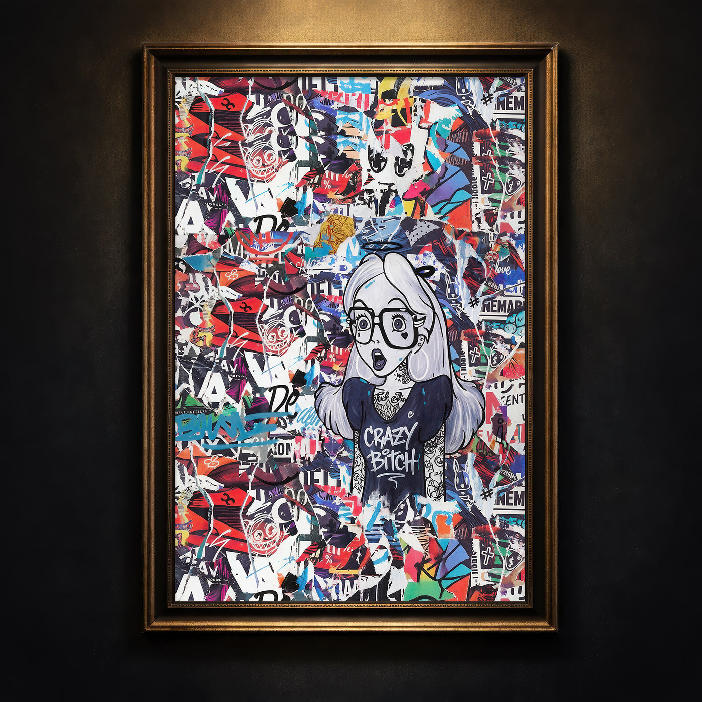 Edgy street art collage print featuring a tattooed Alice in Wonderland character wearing glasses and a t-shirt that says "Crazy Bitch" against a background of torn posters, created by Artazyn.