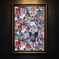 Edgy street art collage print featuring a tattooed Alice in Wonderland character wearing glasses and a t-shirt that says "Crazy Bitch" against a background of torn posters, created by Artazyn.