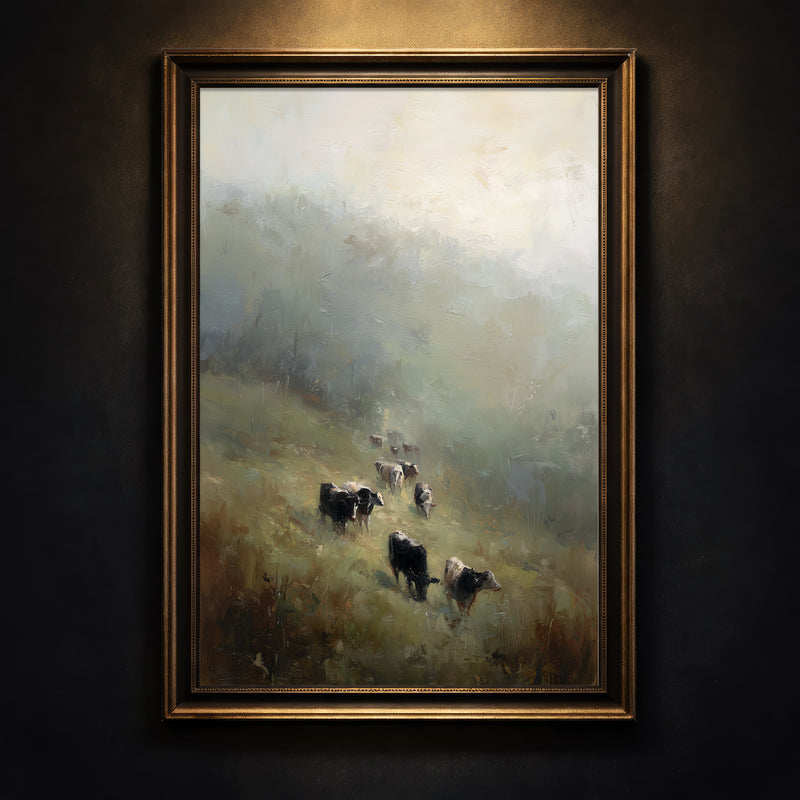 Textured oil painting style art print of a herd of cows wandering through a misty green pasture with soft sunlight breaking through the fog, created by Artazyn.