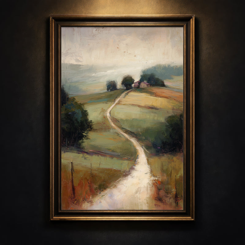 Impressionist oil painting style art print of a winding dirt path leading through golden fields toward a distant house in the mist, created by Artazyn.