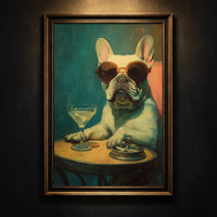 Oil painting style art print of a white French Bulldog wearing round sunglasses sitting at a table with a martini glass and an ashtray, created by Artazyn.