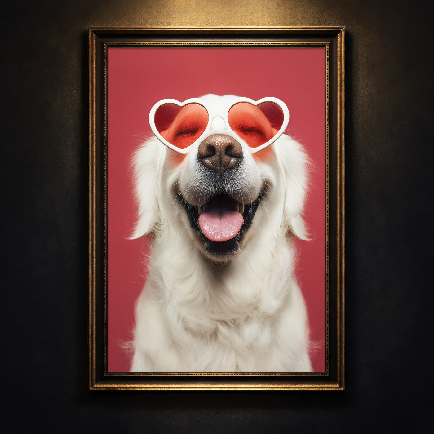 Photography-style portrait of a happy white Golden Retriever smiling with its mouth open, wearing red heart-shaped sunglasses against a solid red background.