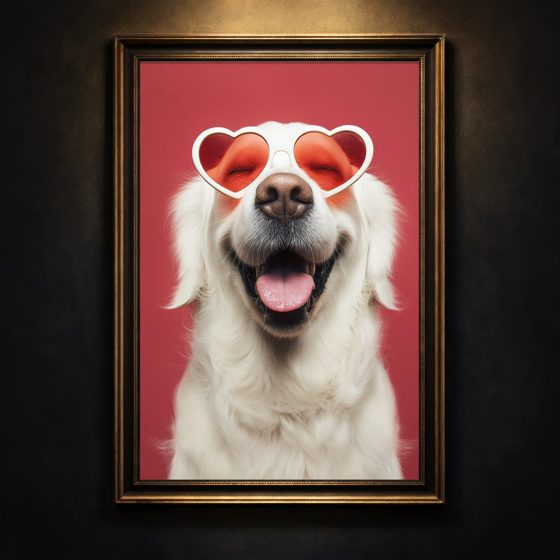 Photography-style portrait of a happy white Golden Retriever smiling with its mouth open, wearing red heart-shaped sunglasses against a solid red background.