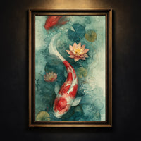 High-contrast watercolor art print of a red and white koi fish swimming in a teal pond with pink water lilies, created by Artazyn in Enfield, CT.
