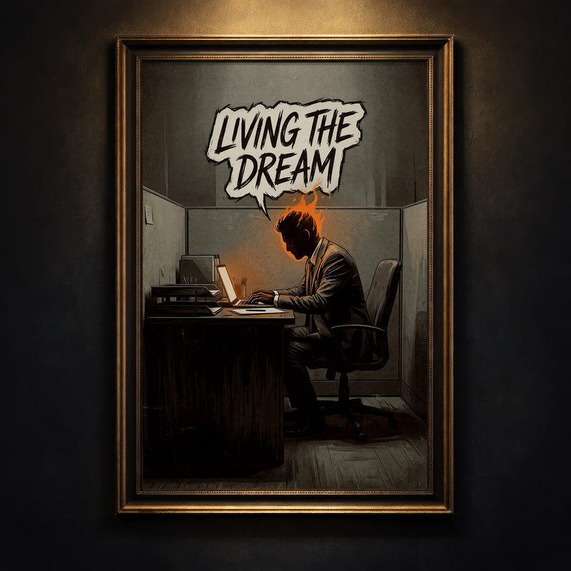 Gritty comic-style illustration of a businessman in a dark cubicle sitting at a laptop with his head on fire, below a jagged speech bubble reading "LIVING THE DREAM."Gritty comic-style illustration of a businessman in a dark cubicle sitting at a laptop with his head on fire, below a jagged speech bubble reading "LIVING THE DREAM."