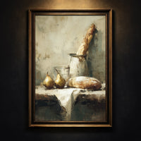 Oil painting style still life illustration featuring a baguette standing in a pitcher, a loaf of bread, and two pears on a rustic white table.