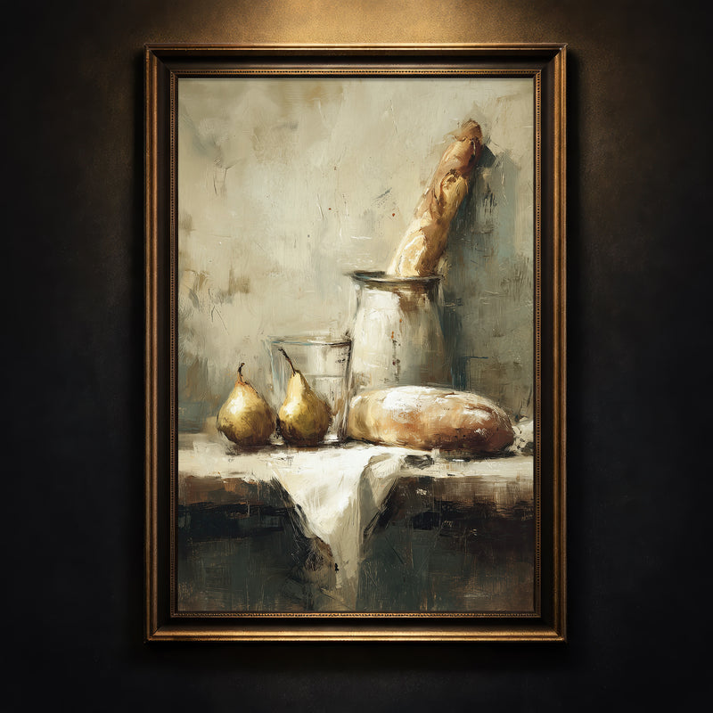 Oil painting style still life illustration featuring a baguette standing in a pitcher, a loaf of bread, and two pears on a rustic white table.