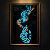 Cyberpunk neon art print of a skeleton hand holding a cigarette with smoke forming a dollar sign, featuring text "Neon Coffin" and "Cash Only" in blue and orange, created by Artazyn.
