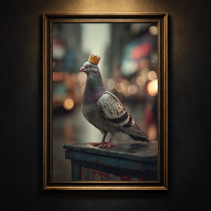 Realistic art print of a pigeon wearing a gold paper crown standing on a rusty metal bin with blurred city lights in the background, created by Artazyn.