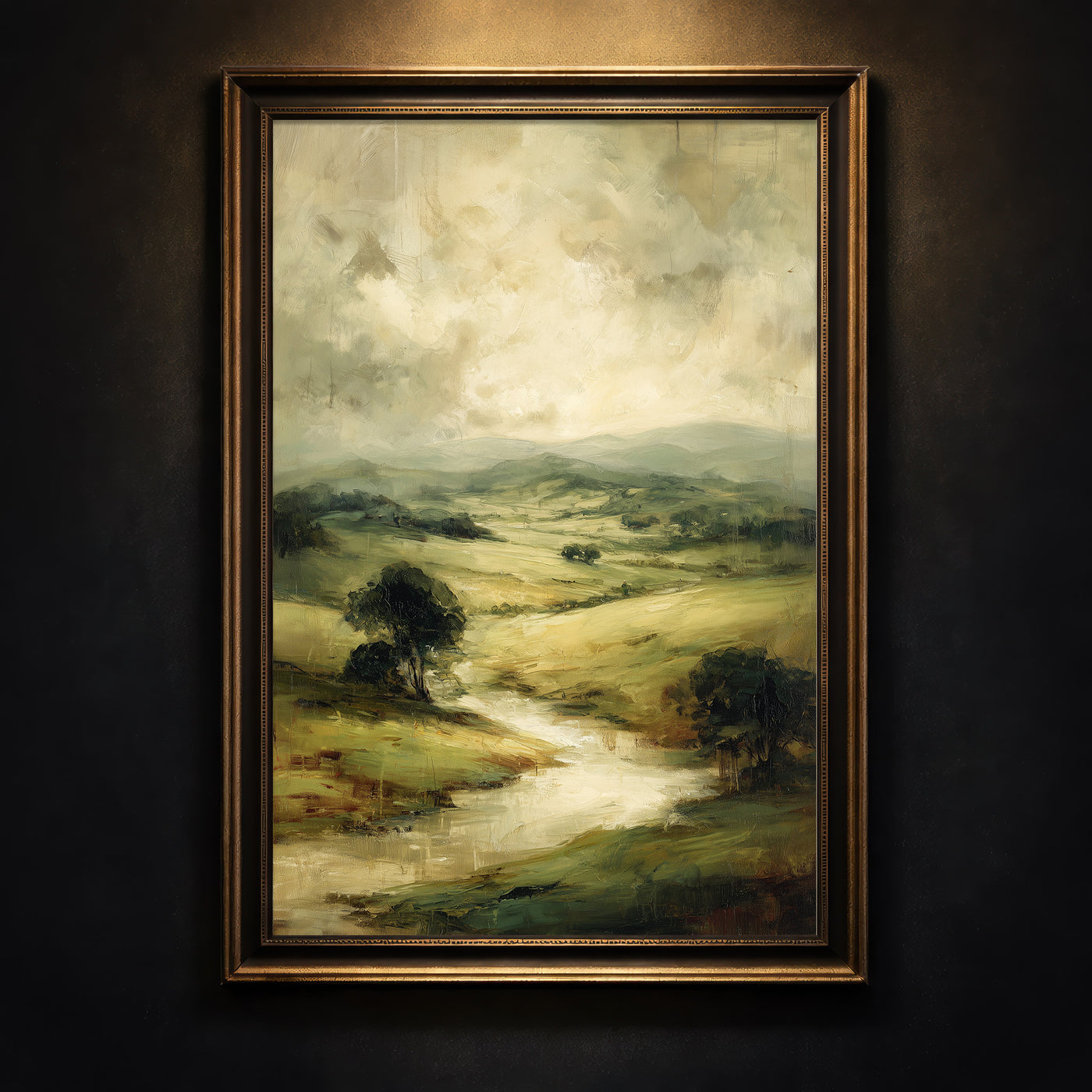 Textured oil painting style art print of rolling green hills and a winding river under a moody overcast sky, created by Artazyn.