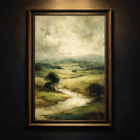 Textured oil painting style art print of rolling green hills and a winding river under a moody overcast sky, created by Artazyn.