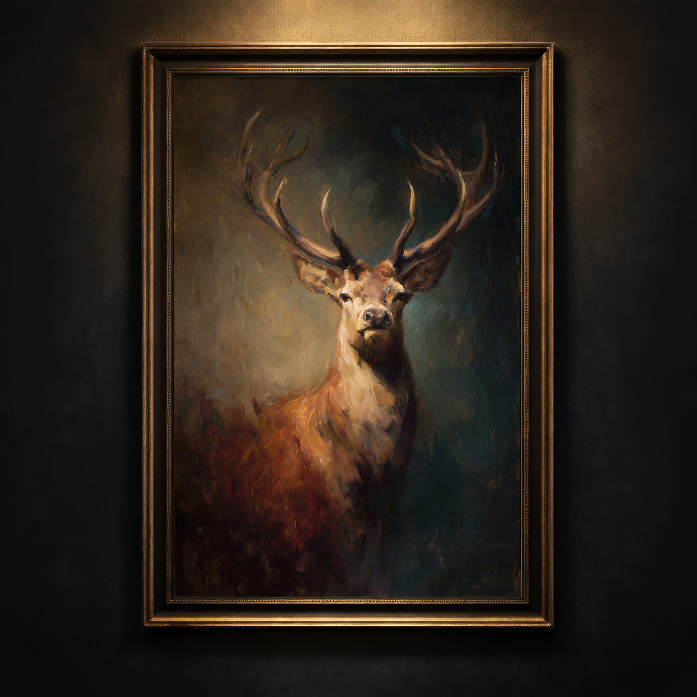 Moody oil painting style art print of a majestic stag with large antlers emerging from dark forest shadows, created by Artazyn.