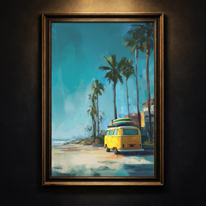 Painterly illustration of a sun-drenched California beach scene featuring tall palm trees, vintage VW-style buses in yellow and blue, and surfers walking toward a warm sunset.