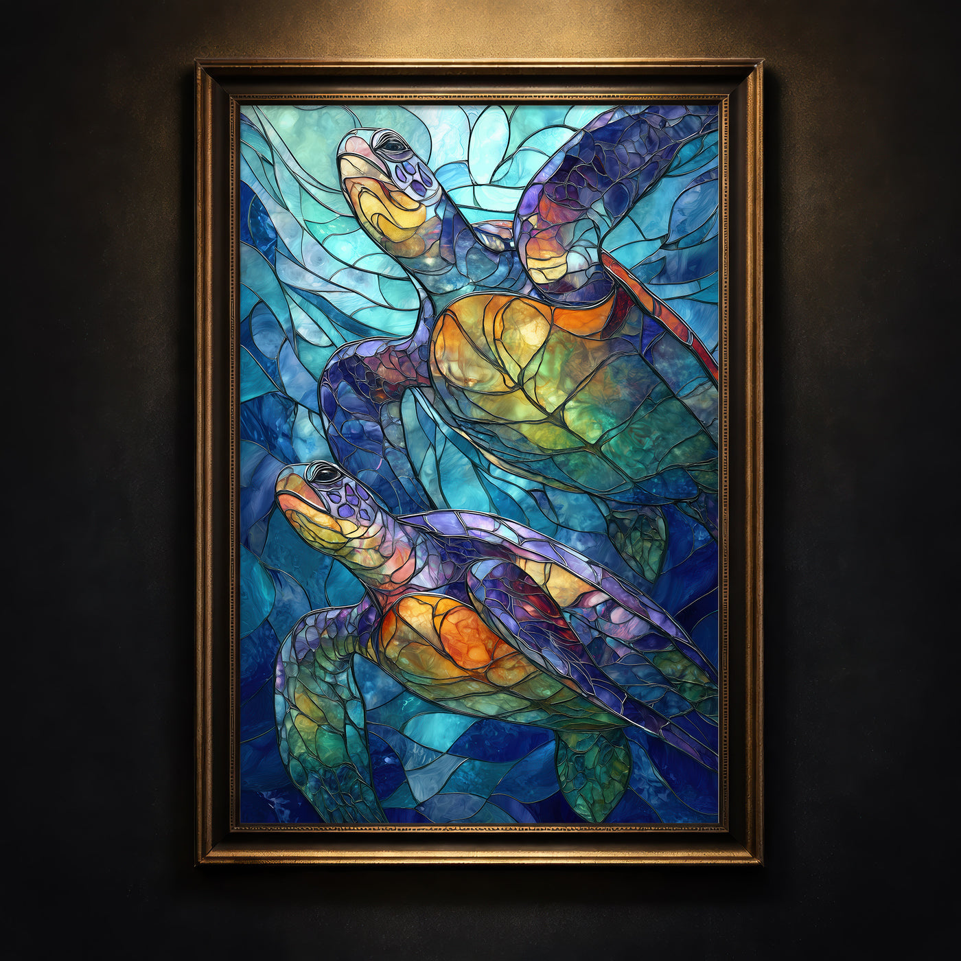 A vibrant stained-glass style art print featuring two sea turtles swimming upwards through mosaic-patterned deep blue water with glowing orange and purple shells, created by Artazyn.