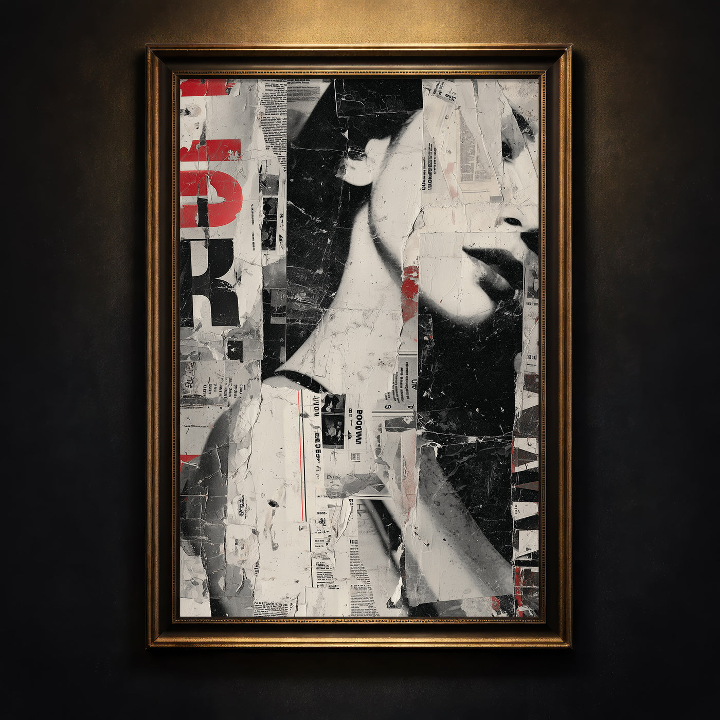 Grunge collage art print featuring a fragmented black and white woman's face layered with torn newspaper clippings and red typography, created by Artazyn.