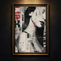 Grunge collage art print featuring a fragmented black and white woman's face layered with torn newspaper clippings and red typography, created by Artazyn.