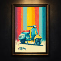 Distressed vintage-style poster illustration of a classic teal and yellow scooter parked in front of colorful retro vertical stripes in red, orange, and blue.
