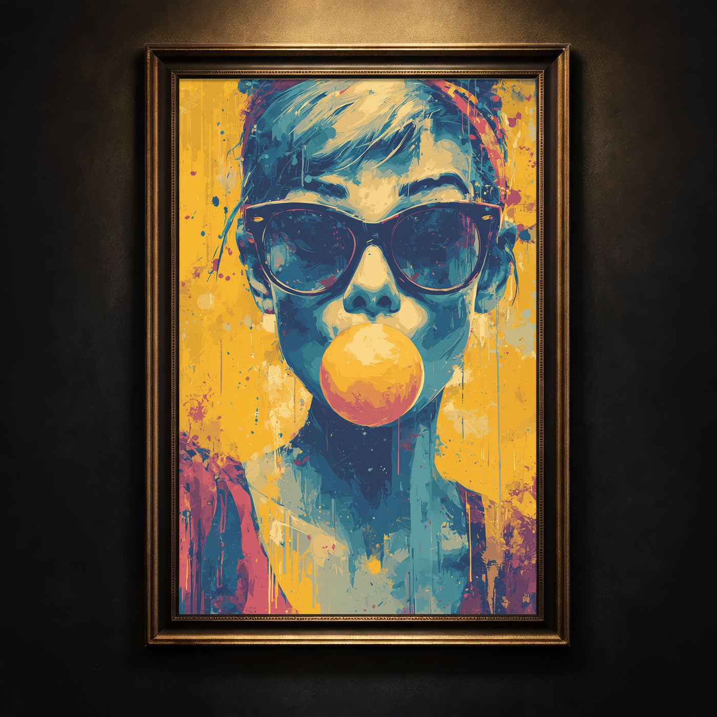 Vibrant pop art portrait of a person blowing a pink bubblegum bubble while wearing sunglasses, yellow and blue paint splatter style.