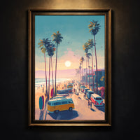 Vibrant retro painterly style illustration of a warm beach sunset with tall palm trees, vintage surfer vans, surfboards, and people walking on the sand, created by Artazyn.