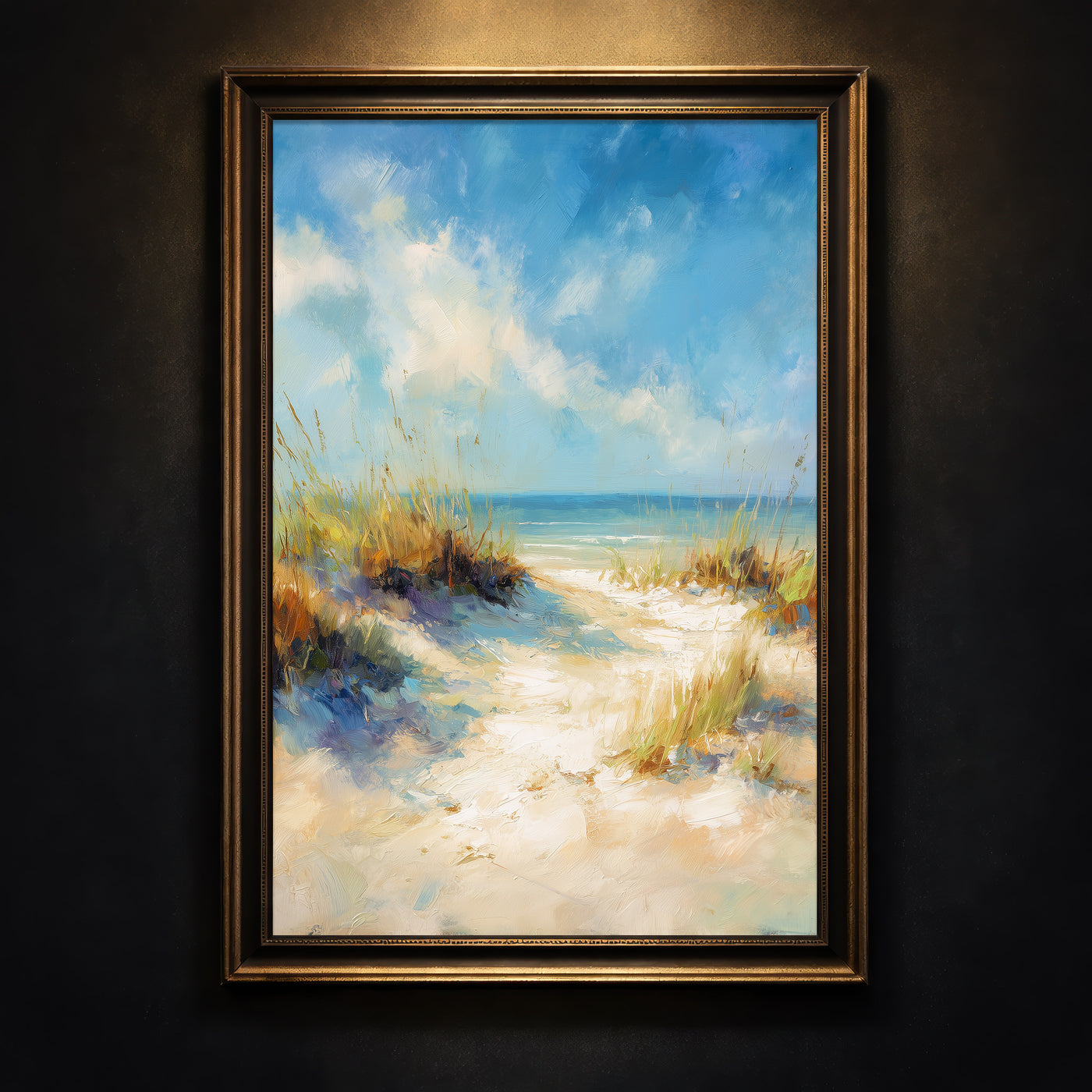 Impressionist style oil painting of a sandy path through beach dunes with sea grass leading to a bright blue ocean under a breezy, partly cloudy sky, created by Artazyn.