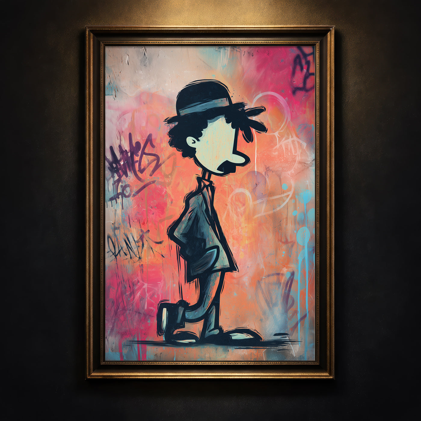 Modern street art illustration of Charlie Chaplin walking in profile against a colorful graffiti wall featuring pink, blue, and orange spray paint tags.