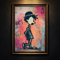 Modern street art illustration of Charlie Chaplin walking in profile against a colorful graffiti wall featuring pink, blue, and orange spray paint tags.