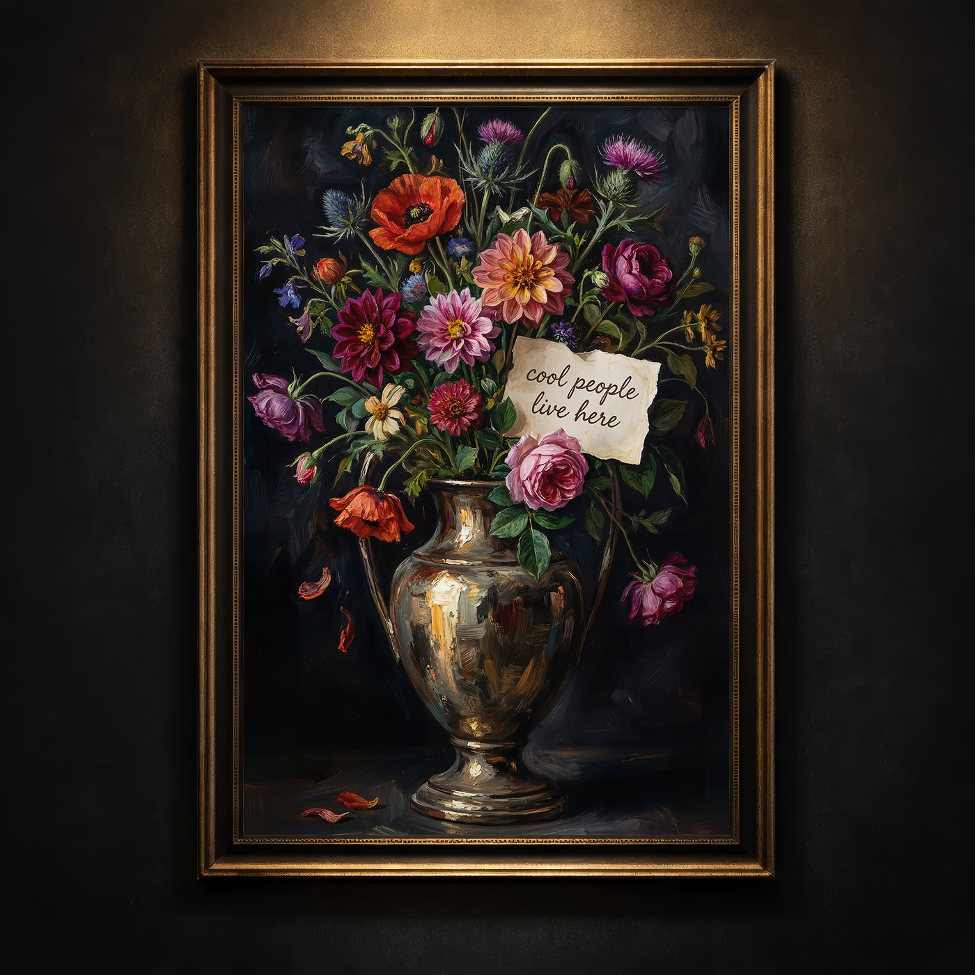 Decorative still life painting with flowers and a vase on a wooden table against a dark green wall.