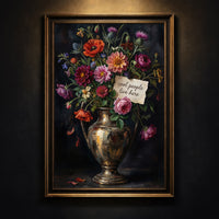 Decorative still life painting with flowers and a vase on a wooden table against a dark green wall.