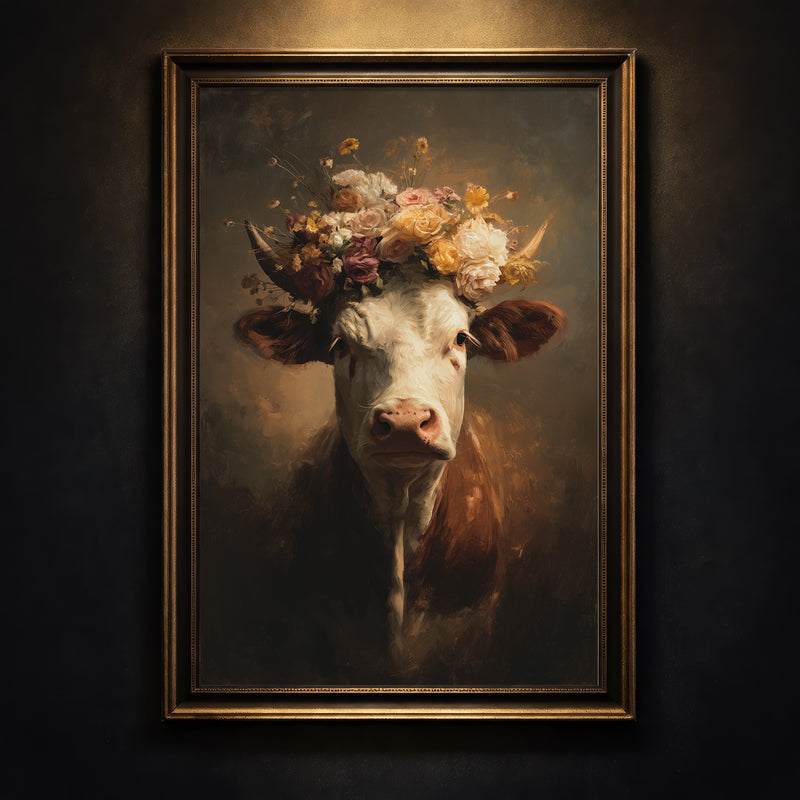 Oil painting style portrait of a brown and white cow wearing an elaborate crown of pink, yellow, and white flowers against a moody brown background.