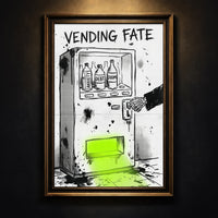 Gritty sketch-style illustration of a vending machine labeled "VENDING FATE" stocked with bottles of Anxiety, Debt, and Doom, being operated by a skeleton hand, with a neon green glow coming from the dispensing slot.