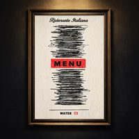 Minimalist humorous art print of an Italian restaurant menu with all items scribbled out in black marker except for "MENU" in red and "WATER GF" at the bottom, created by Artazyn.