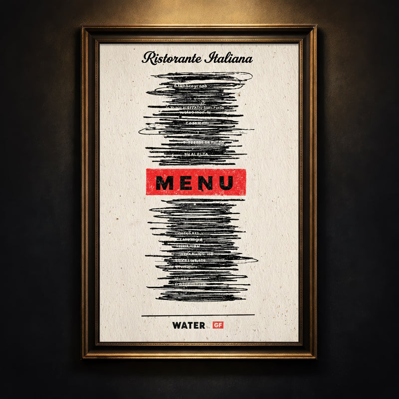 Minimalist humorous art print of an Italian restaurant menu with all items scribbled out in black marker except for "MENU" in red and "WATER GF" at the bottom, created by Artazyn.