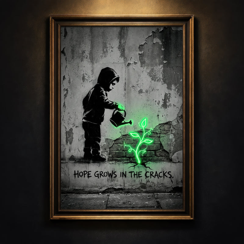 A monochromatic Banksy-style street art print of a hooded child watering a glowing neon green plant growing from a cracked wall with stenciled text reading HOPE GROWS IN THE CRACKS, created by Artazyn.
