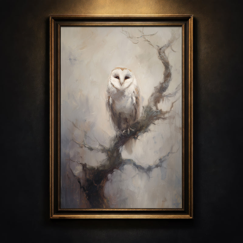 Painterly illustration of a white barn owl perched on a twisted tree branch, serene wildlife wall art.