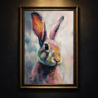 A vibrant, painterly oil painting of a bunny with expressive eyes and colorful fur in shades of pink, teal, and orange against a soft background, created by Artazyn.