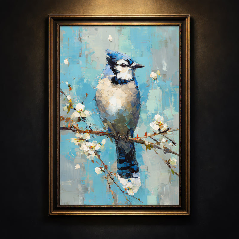 A vibrant, detailed oil painting of a blue jay perched on a budding branch against a textured light blue background, created by Artazyn.