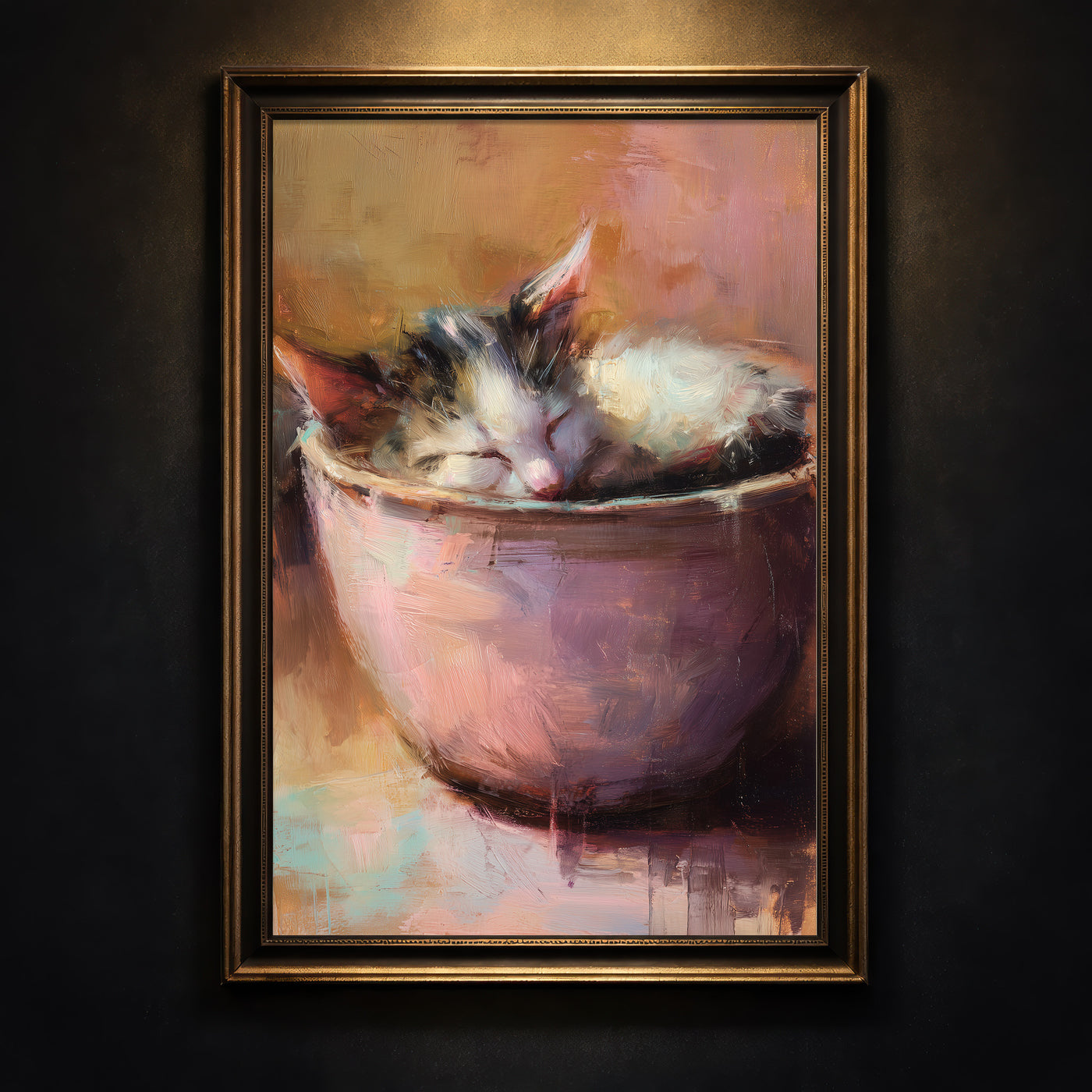 A warm-toned impressionist oil painting of a calico kitten sleeping soundly while curled up inside a pink ceramic bowl, featuring visible painterly brushstrokes and soft lighting, created by Artazyn.