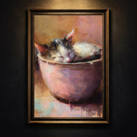 A warm-toned impressionist oil painting of a calico kitten sleeping soundly while curled up inside a pink ceramic bowl, featuring visible painterly brushstrokes and soft lighting, created by Artazyn.