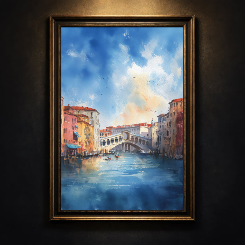 A soft impressionist watercolor painting of the Grand Canal in Venice featuring the Rialto Bridge, gondolas on the water, and a vibrant blue sky with soft clouds, created by Artazyn.