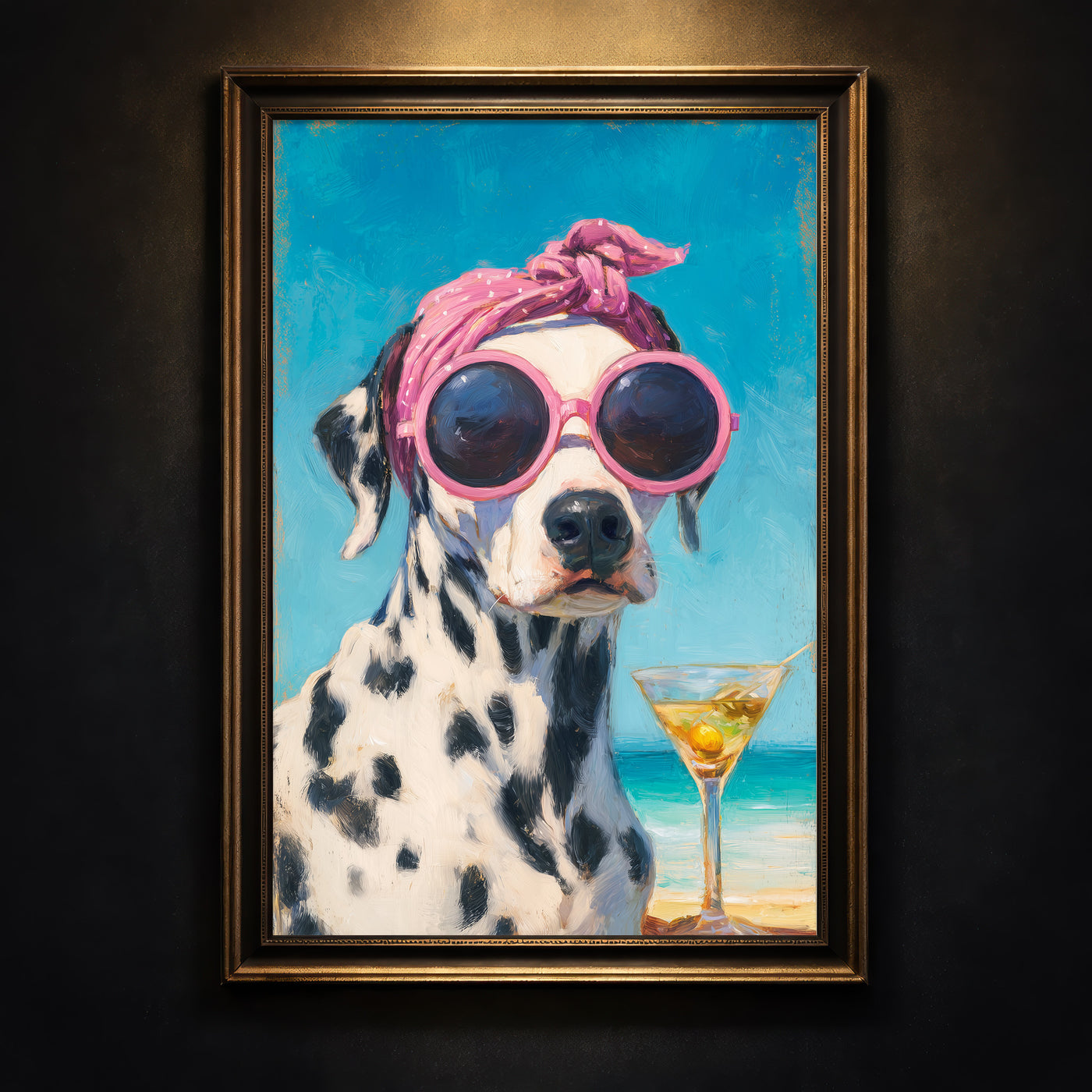 An impressionist oil painting of a Dalmatian dog wearing a pink polka-dot headscarf and oversized pink sunglasses sitting on a beach with a dirty martini, created by Artazyn.