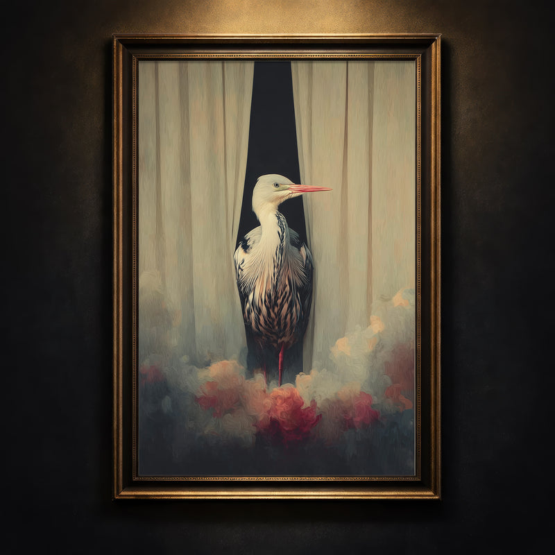A surreal painterly print of a tall grey bird with a red beak peeking through a dark opening in neutral vertical drapes above colorful smoky clouds, created by Artazyn.