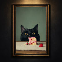 Oil painting style illustration of a fluffy black cat with large wide eyes peeking over a wooden table at a partially eaten slice of strawberry layer cake against a muted green background, created by Artazyn.