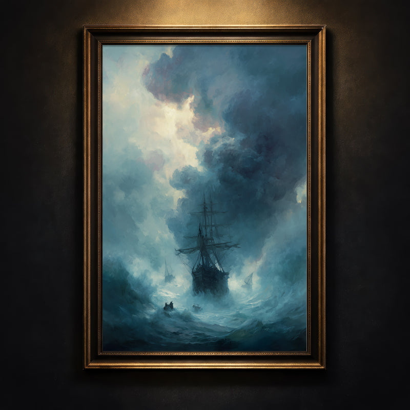 Dramatic oil painting style illustration of a dark sailing ship navigating through a turbulent ocean storm with massive waves and heavy clouds.