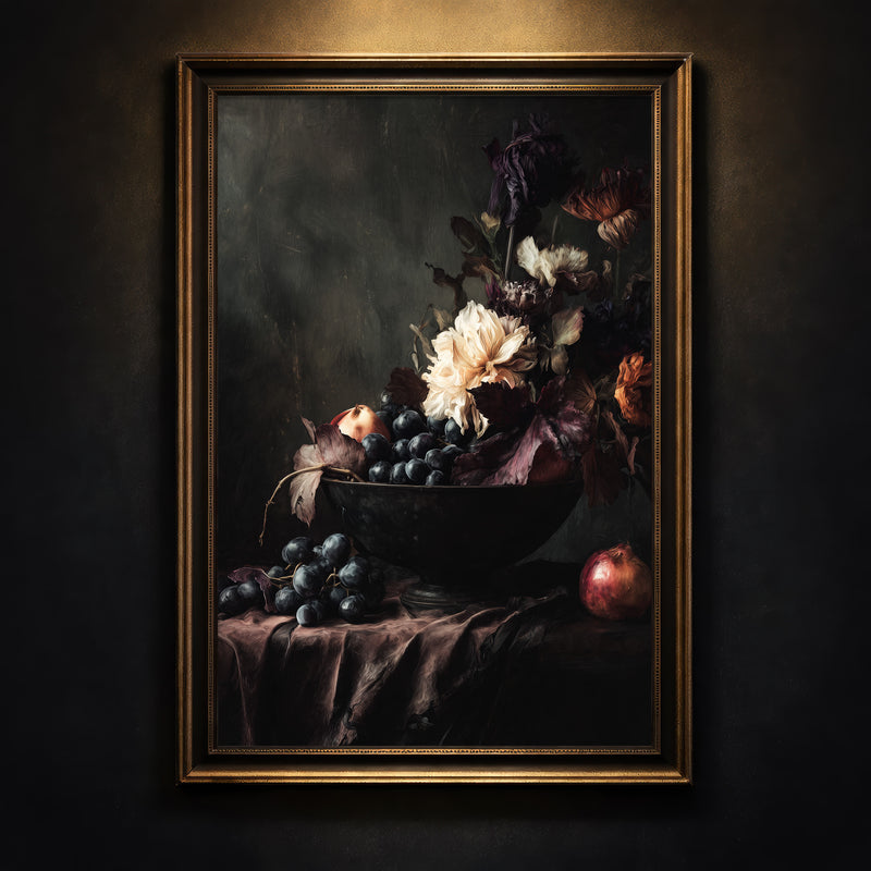 Moody baroque-style still life art print featuring a dark bowl of purple grapes and pomegranates with cream and red flowers against a black background, created by Artazyn.