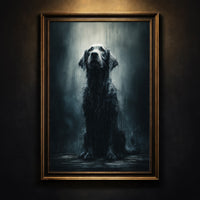 Photorealistic portrait of a soaking wet black dog sitting in the rain looking up, moody animal wall art.