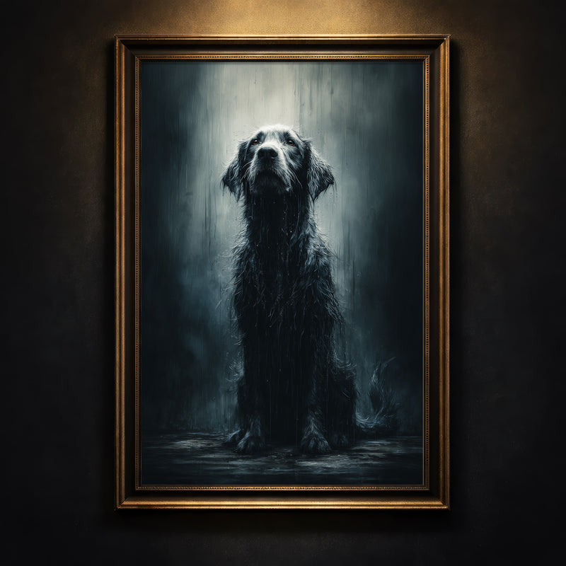 Photorealistic portrait of a soaking wet black dog sitting in the rain looking up, moody animal wall art.