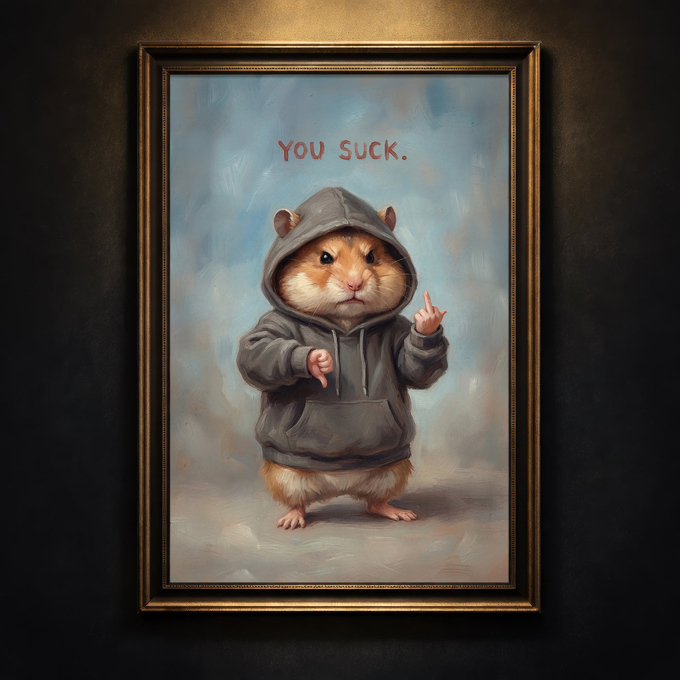 Oil painting style illustration of a cute hamster wearing a grey hoodie, giving a thumbs down with one hand and a middle finger with the other, under the text "YOU SUCK."
